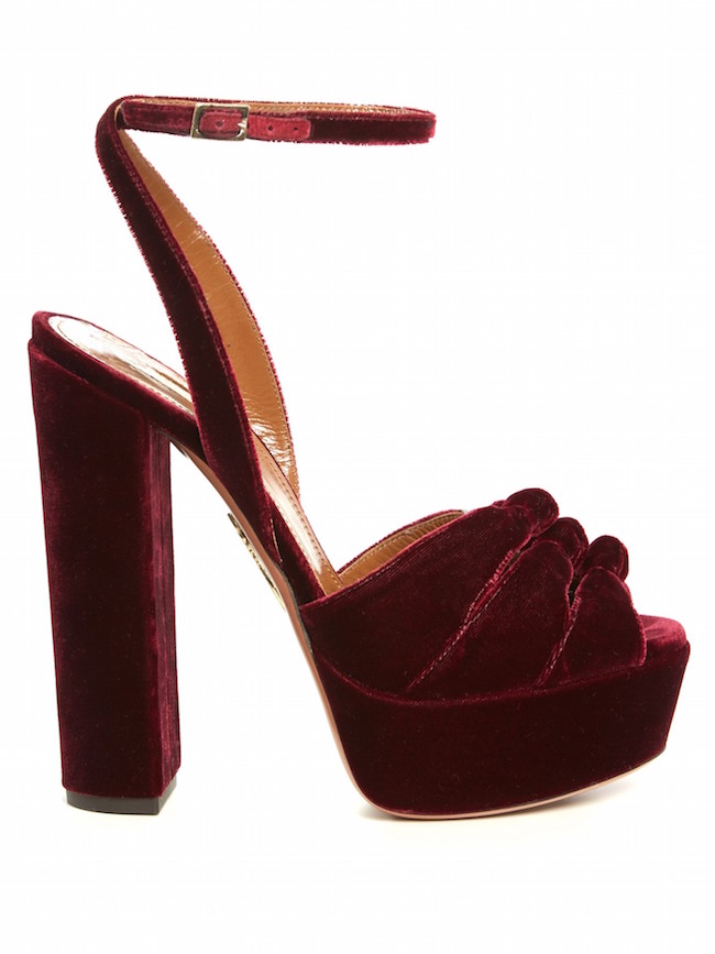 Aquazzura - Mira Knot Velvet Platform Sandals, Burgundy | ABOUT ICONS