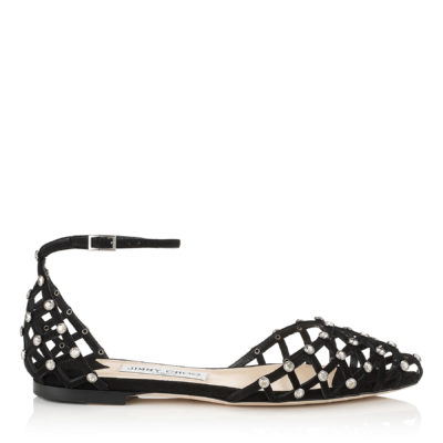 Jimmy Choo - DAVINIA FLAT Black Suede Pointy Toe Shoe Sandals with Crystal Studs