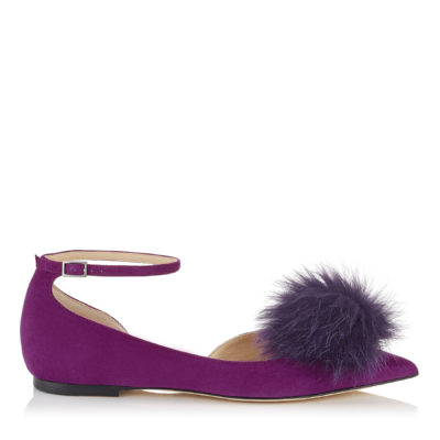Jimmy Choo - ROSA FLAT Madeline Suede Pointy Toe Pumps with Clip on Pom Poms