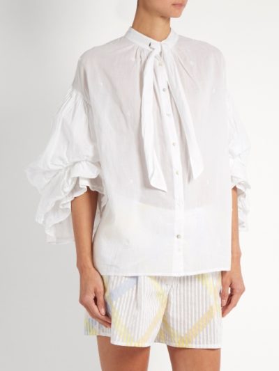 Thierry Colson - Floral-Embroidered Tie-Neck Blouse - White2