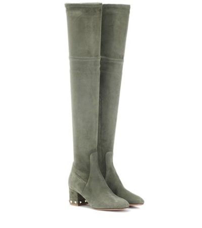 Valentino -  Rockstud Suede Over-The-Knee Boots - Green
