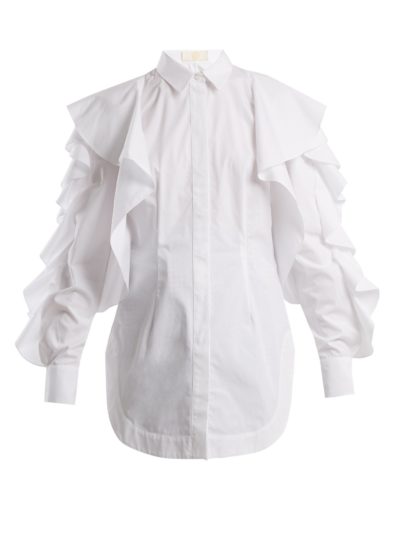 Sara Battaglia - Ruffled Cotton-Poplin Shirt - White