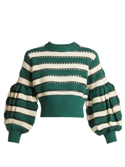 Self-Portrait - Balloon-Sleeve Cropped Knit Sweater - Green