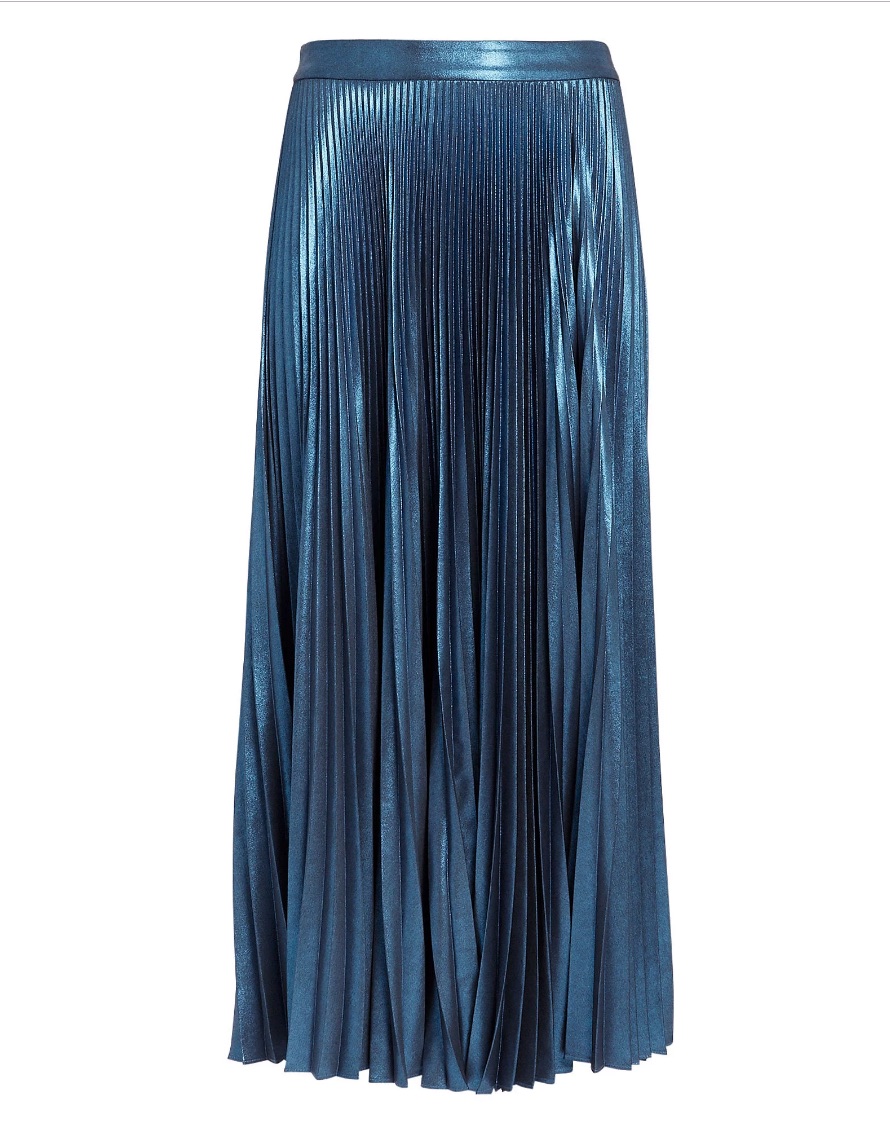 metallic pleated midi skirt blue