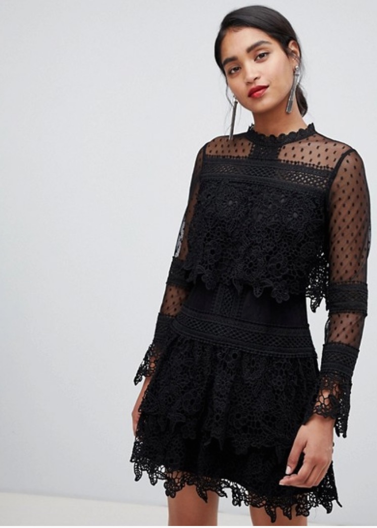 Chi Chi London - Lace Skater Dress with Sheer Sleeves - Black | ABOUT ICONS