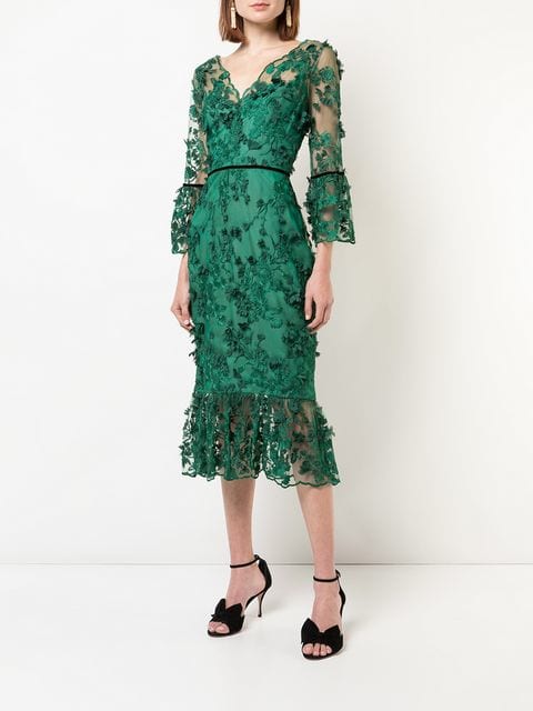 Marchesa Notte - 3/4 Sleeve Embroidered Midi Dress - Green | ABOUT ICONS