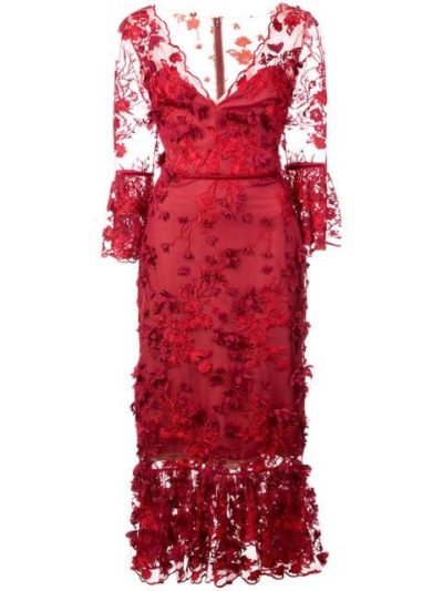 Marchesa Notte - 3/4 Sleeve Embroidered Midi Dress - Red