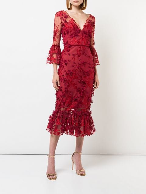 Marchesa Notte - 3/4 Sleeve Embroidered Midi Dress - Red | ABOUT ICONS