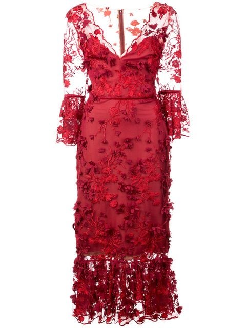 Marchesa Notte - 3/4 Sleeve Embroidered Midi Dress - Red | ABOUT ICONS
