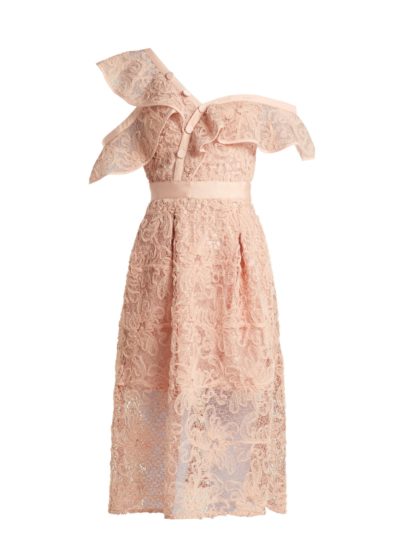 Self-Portrait - Asymmetric Floral Lace Midi Dress - Pink