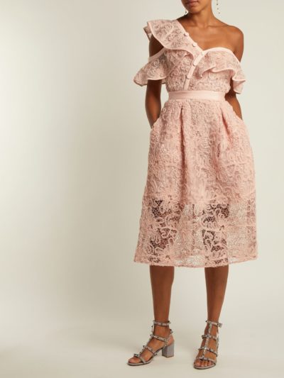 Self-Portrait - Asymmetric Floral Lace Midi Dress - Pink_Outfit