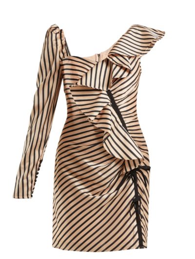 Self-Portrait - Asymmetric Striped Satin Mini Dress