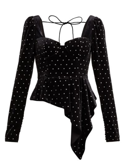 Self-Portrait - Crystal-Studded Velvet Top - Black