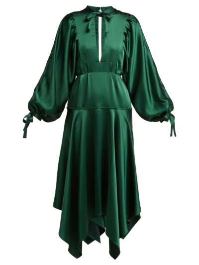 Self-Portrait - Handkerchief-Hem Satin Dress - Green