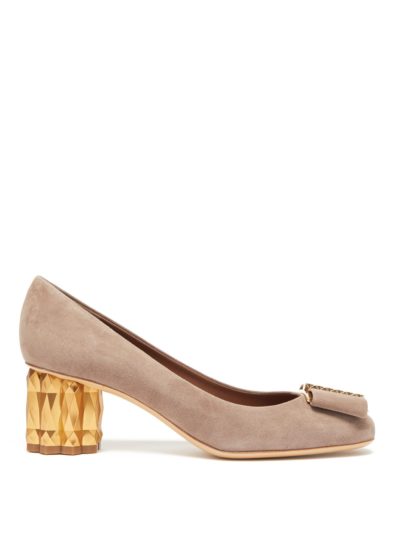 salvatore ferragamo - faceted flower suede pumps