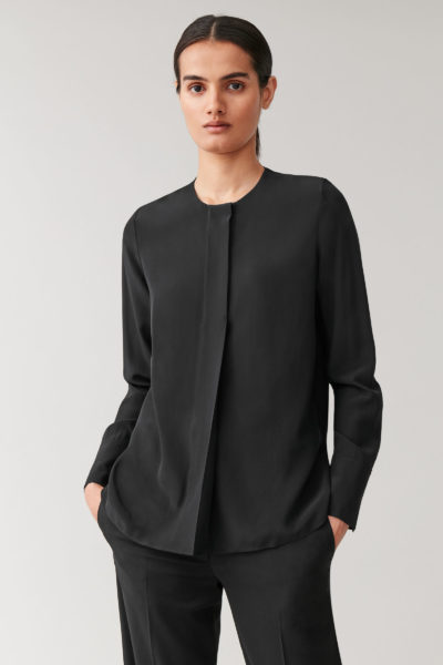 COS - Collarless Mulberry Silk Shirt - Black Look