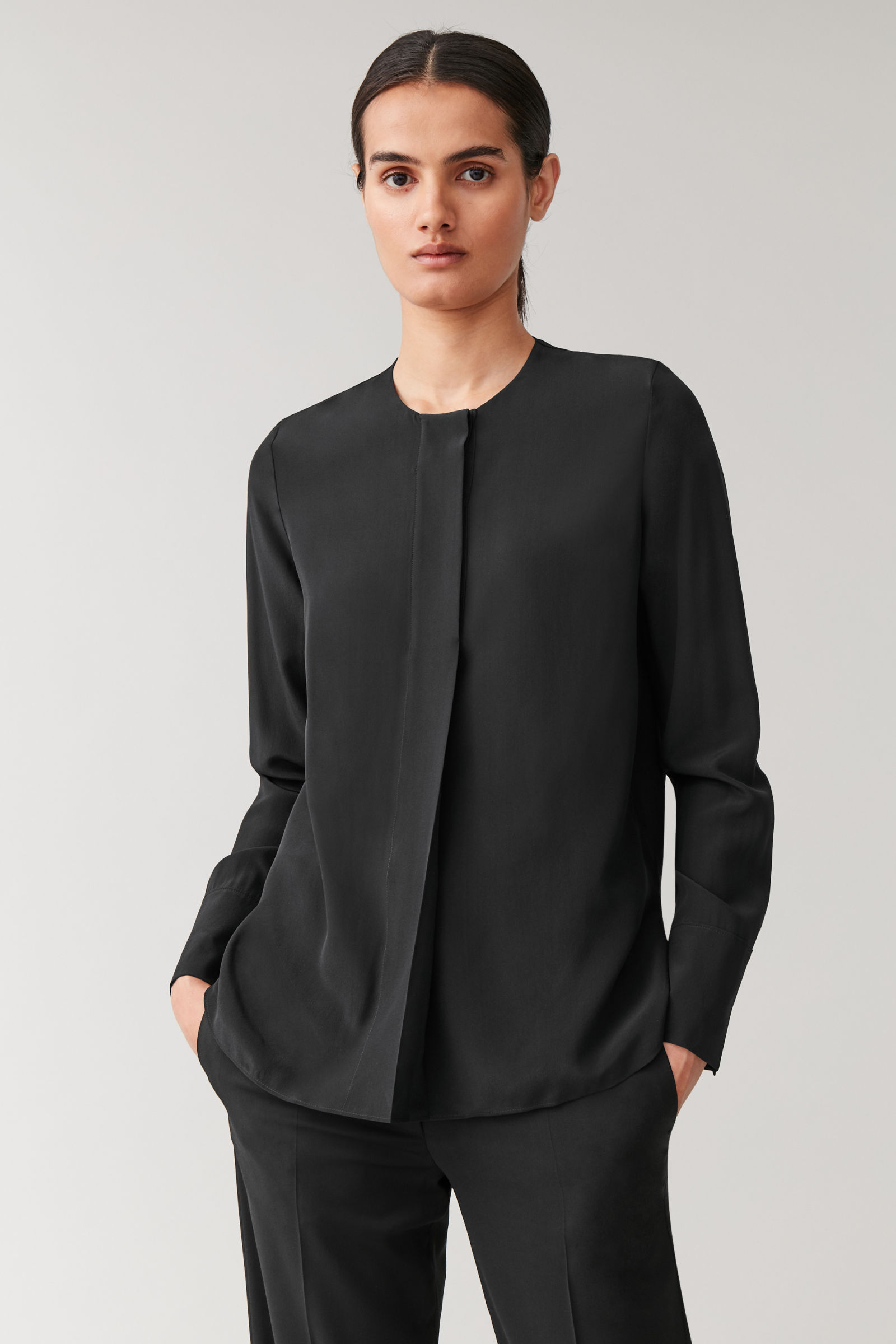 COS - Collarless Mulberry Silk Shirt - Black | ABOUT ICONS