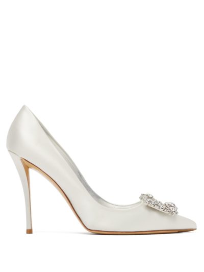 roger vivier - flower crystal-embellished satin pumps - white