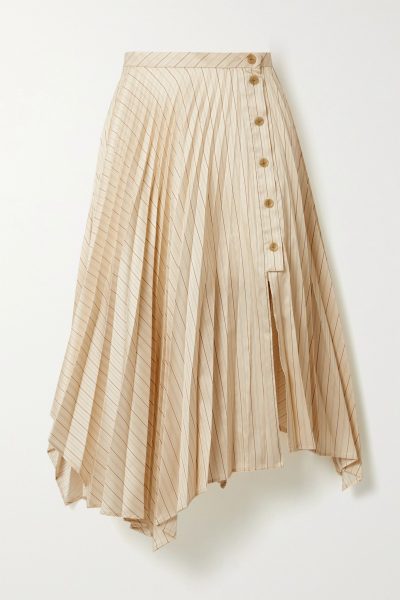 acne studios - asymmetric pleated striped satin-twill midi skirt