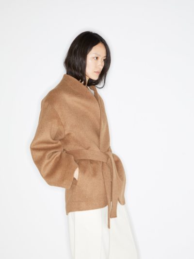 raey - collarless belted camel-hair coat - look