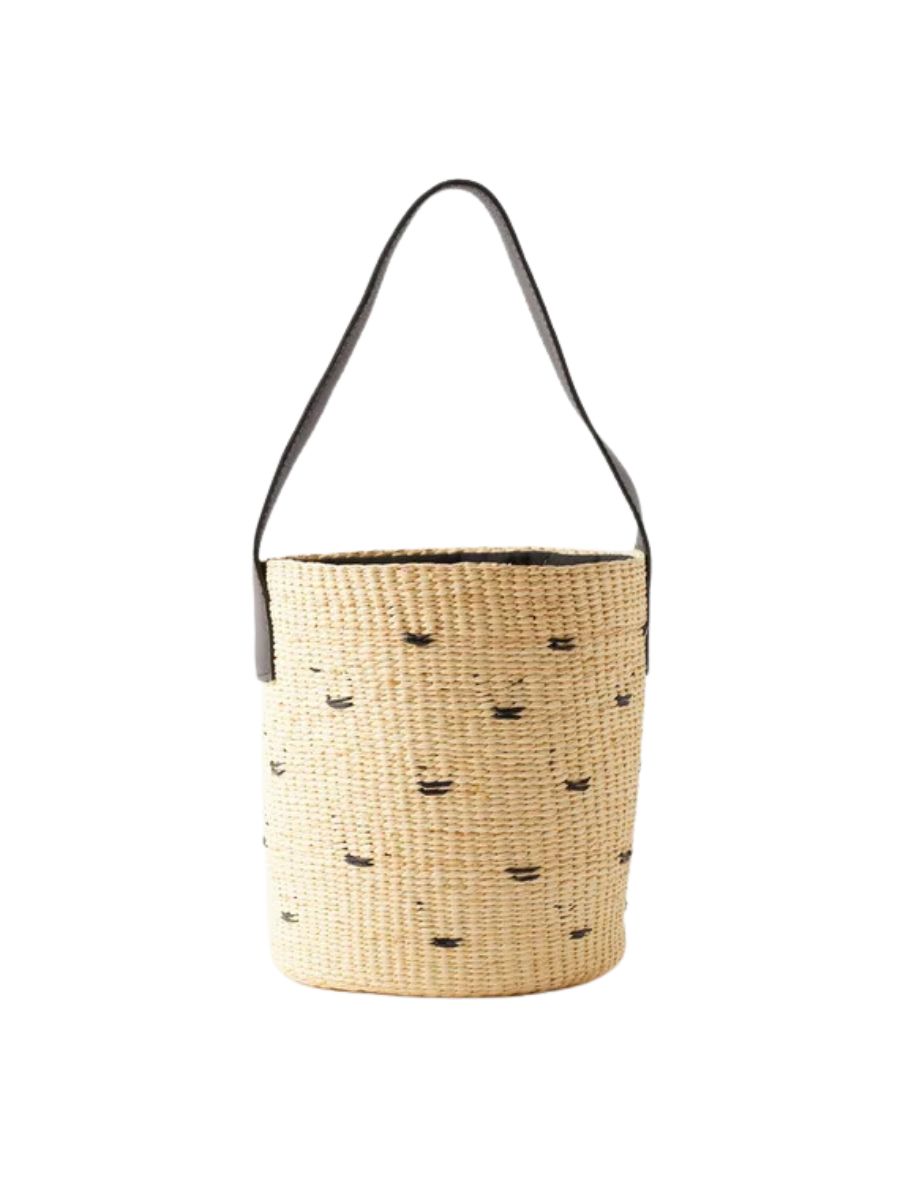 Sensi Studio-Leather-Handle Small Straw Bucket Bag